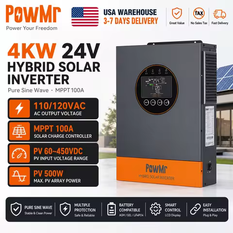 PowMr USA 4KW 4KVA Hybrid Solar Inverter 24VDC to 110Vac Dual AC Output Max 5000W 60‑450V PV Input W