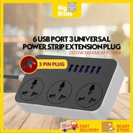 READY STOCK 🔥2500W Power Strip Extension Plug 6 USB Port Electric Sockets Universal Plug Extension