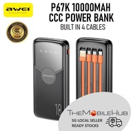 Awei P67K 10000mAh CCC Power Bank with Built-in 4 Cable Type-C iP Micro USB Cable Fast Charging Char