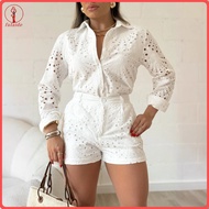 fulaide Womens Summer Eyelet Two Piece Outfit Long Sleeve Button Down Shirt with High Waist Shorts C