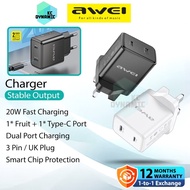 Awei PD62 Fast Charger 20W Fast Charging Charger Set Type-C PD Wall Charger UK 3 Pin Plug Adapter Aw
