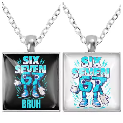 67 Six Seven Funny Meme STEAL A BRAINROT One Sided Necklace Glass Cabochon Square Pendant Necklaces 
