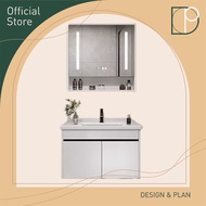 Design Plan Bathroom Solid Wood Ceramic Cabinet Integrated Basin With LED Mirror Storage Cabinet