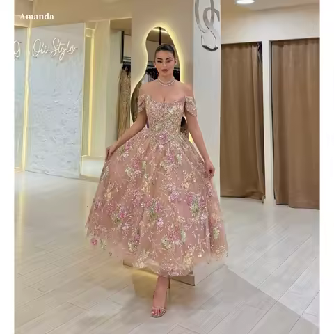 Amanda Customized Blush Pink Off Shoulder Floral Beaded Sequin Tulle Tea Length Ball Gown Prom Dress