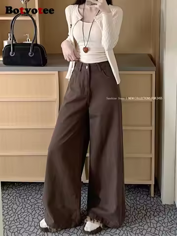 Botvotee Brown Baggy Jeans Women High Waisted Wide Leg Streetwear Y2k Fashion Black Denim Pants Beig