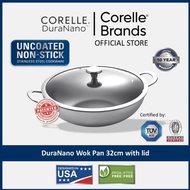 CORELLE DuraNano 32cm Wok Pan with Lid - Uncoated Non-Stick Stainless Steel Cookware