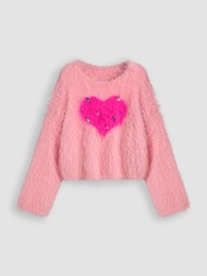 Cider Fuzzy Heart &amp; Rhinestone Sweater