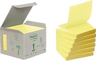 Post-it Sticky Notes Recycled Z-Notes Mini Tower, 76 x 76 mm, 100 Sheets, 6 Pads, Pastel Yellow, Ava