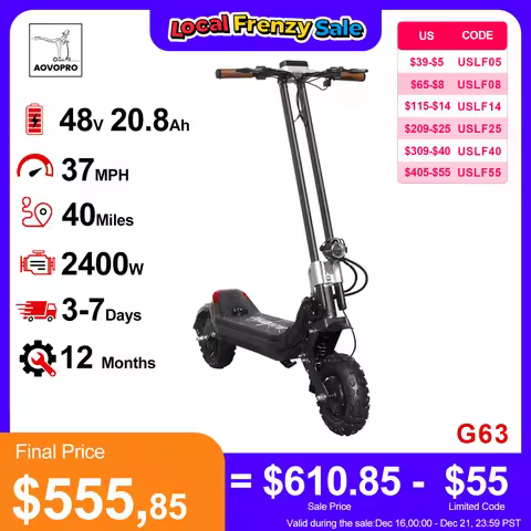 AOVOPRO G63 Electric Scooter 11 inch Off road 2400W Foldable 28mph Max Speed 60-75KM Max Range Elect