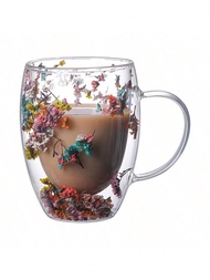 Double Coffee Cup, 11.83 Oz - Suitable For Hot And Cold Drinks, Milk Cup With Dried Flower Design, D