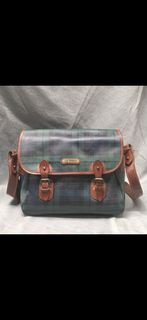 Vintage Ralph Lauren Green Blue Plaid Satchel Bag Coated Canvas + Leather Trim Shoulder Crossbody (A