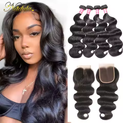 Nadula Hair 3/4 Bundles With Closure Brazilian Body Wave With Closure 4*4 Swiss Lace Closure 100% Re