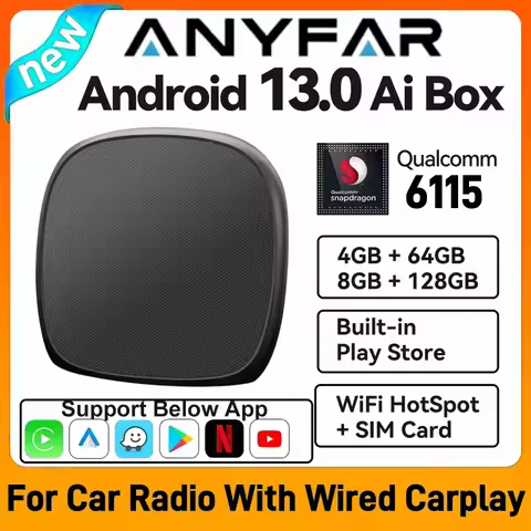 Android 13 ANYFAR Android Auto Wireless CarPlay AI TV Box QCM6115 8-Core Split Screen 64G 128G For N