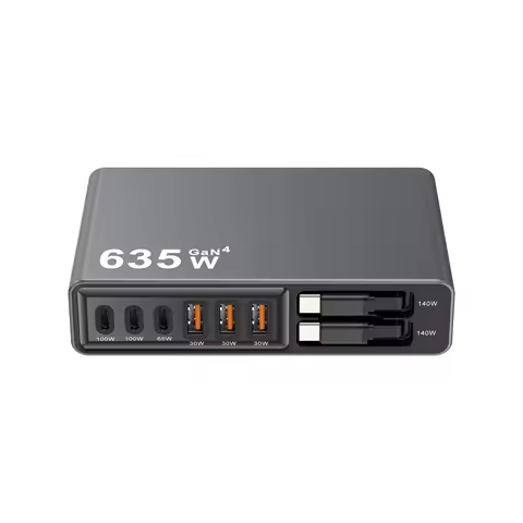 635W GaN Desktop Multi-Port Fast Charger With 140W Retractable USB-C Cable Charging Station For Ipho