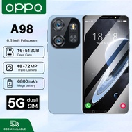 โทรศัพท์มือถือ OPPQ A98 5G smartphone AMOLED ใหม่เอี่ยม 6.3 นิ้ว（RAM16GB+ROM512GB）โทรศัพท์ราคาถูกๆ คุณภาพดีๆ โทรศัพท์เล่นเกม กล้อง HD ปลดล็อคด้วยใบหน้า ระบบนำทาง GPS แบตเตอรี่6800mAh ใส่ได้สองซิม Android13.0 โทรศัพท์รองรับแอปธนาคาร มีเมนูภาษาไทย