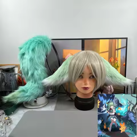 Anime Honkai: Star Rail HuoHuo Green Tail Simulation fox sheep cat ear tail Cosplay Costume headwear