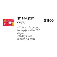 Singtel Prepaid $11 Main Account (120 Days) / Top Up / Renew / Recharge