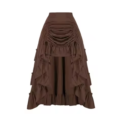 Women Goth Outfit Victorian Steampunk Ruffle Vintage Drawstring Layer High Low Skirt Long Bustle Ski