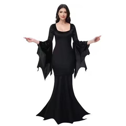 Halloween Morticia Adams Primate Costume Black Adams Family Dress Retro Gothic Flared Sleeve Fishtai