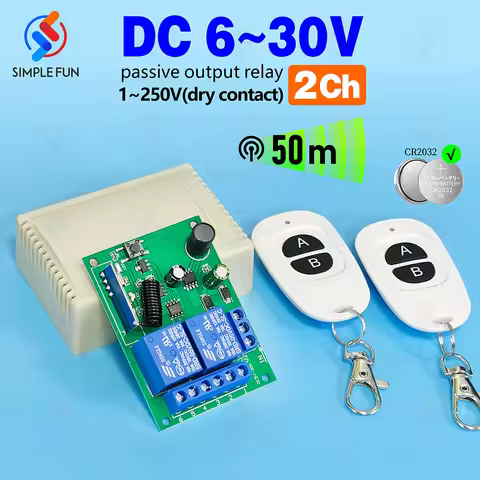 433MHz DC 6V 12V 24V 10A Wireless Remote Control Switch, 2CH RF Relay Module,50m Transmitter,for Gar