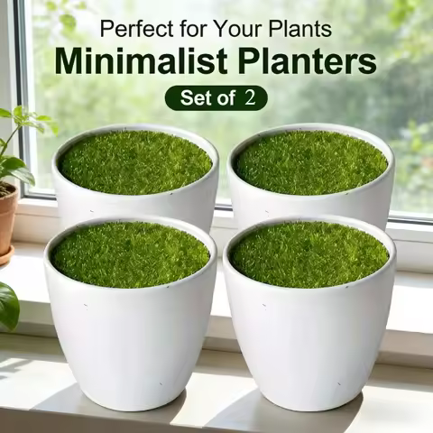2 PCS Modern White Plastic Flower Pots with Lush Synthetic Grass - Multi-functional Indoor and Outdo