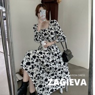 Nayeon dress import gaya korea midi dress casual hitam putih motif