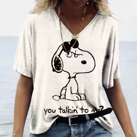 Vintage Snoopy cartoon print Shirt Graphic Print T-shirts Women Short Sleeve V Neck Top Tees Funny W