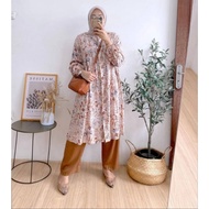 Setelan Tunik Wanita Camilla Motif Bunga Set Long Tunik Rayon Diamond Mix Celana Kulot Crinkle Kekin