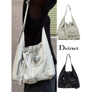 DEINET STUD BELTED BUCKET BAG Drawstring Tote Bag Large Capacity Single Shoulder Crossbody Bag Retro