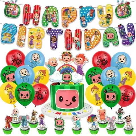 Cocomelon Theme Happy Birthday Party Decorations Latex Balloons Banner Flag Cake Toppers Party Suppl