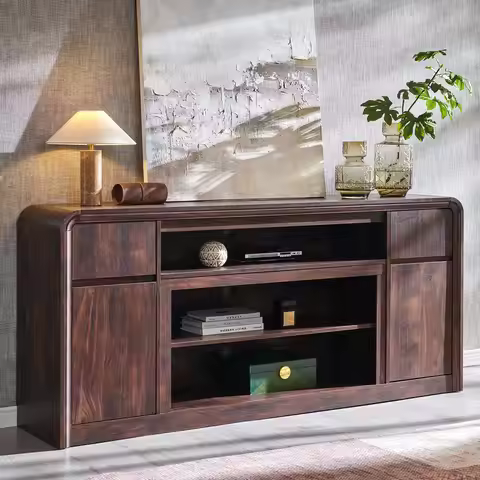 70in Curved TV Stand Media Console Storage Cabinet Adjustable Shelves Living Room Brown Customized