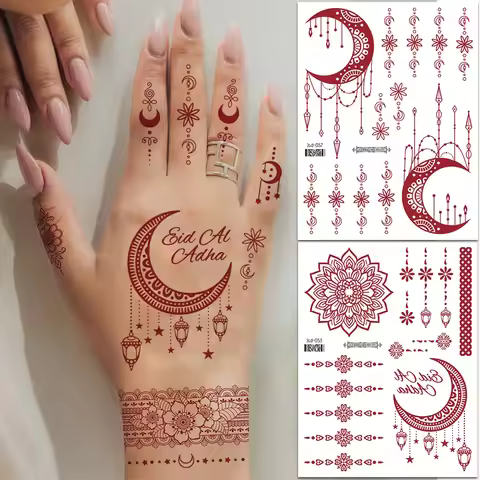 6 Sheets Eid Mubarak Ramadan Temporary Tattoo Stickers, Moon & Stars & Element Red Design Henna Mand