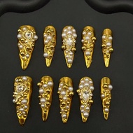 10 Pieces Of Handcrafted Nail Embossing 33mm Stiletto Nails With Mirror Powder In Multiple Colors, 3