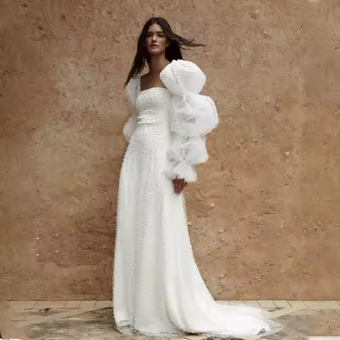 Romantic Strapless Peals A Line Wedding Dresses Removable Proff Sleeves Tulle Boho Vestido Noiva 202