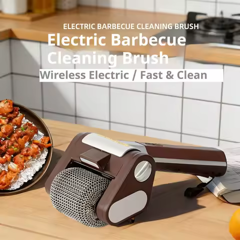 Electric BBQ cleaning brush with stainless steel roller and LED light, detachable and rechargeable, 