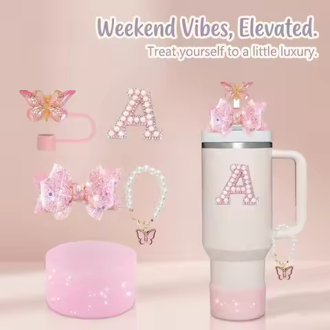 5pcs Tumbler Accessories Set for Stanley 40oz Cup with Handle, Perfect Gift, Pink Coquette Bling Sty