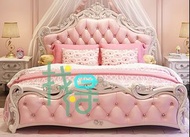 田園實木雙人公主床高貴皮質床頭北歐床架 （1.5*2.0米排骨架床 粉紅色)15042