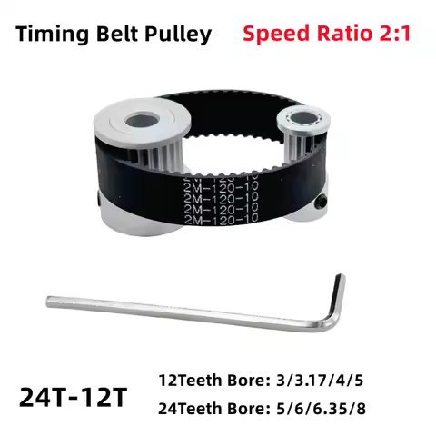2GT Timing Pulley Set 2:1 Reduction Ratio Transmission Component 24T 12Teeth Belt Width 6mm/10mm Bor