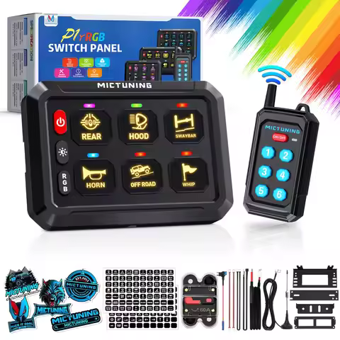 MICTUNING P1Y Switch Panel with Wireless Remote Control, 6 Gang Circuit Box RGB Colors Toggle Switch