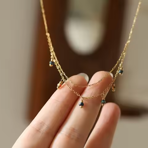 Delicate Shiny Vintage Colored Stone Tassel Chain Necklace Fashion Stainless Steel Temperament Delic
