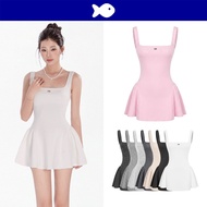 DKMV square neck two-strap lady's Dress with flared form and 2-skin elastic waistband with fish logo
