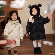 Hot SaLe Girls' down Jacket New White Duck down Thickened Children's Mid-Length down Jacket Hooded Jacket C2ET