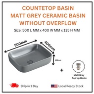 Premium Matt Grey 500MM Rectangle Counter Top Basin Sink Sinki Ceramic + Grey Popup Waste Kaunter To