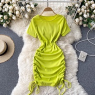 Sexy Drawstring Ruched Mini Bodycon Dress Solid Color Ribbed Short Sleeve Tight Fit Sexy T-shirt Dress Women Summer Streetwear