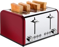 Toaster 4 Slice, Stainless Steel Toaster Extra Wide Slots Four Slice Bread Bagel Toaster, 1650W, Red