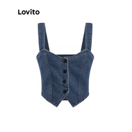 Lovito Casual Plain Irregular Hem Button Design Camisole Women Denim Vest Top L37ADDT070