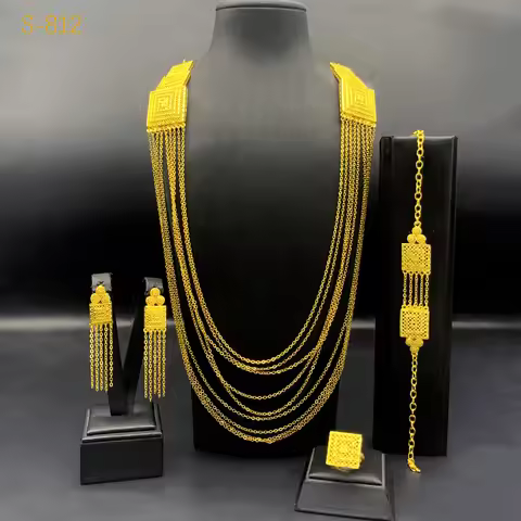24K Gold Tassel Necklace Bracelet Earrings Ring 4-Piece Set Wedding Women AU999 - 24K forged/AU999,s