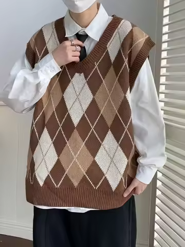 New Autumn Fashion Brand Argyle Cardigan Sweater Deep V Neck Knit Vest Men Trendy Diamond Sleeveless
