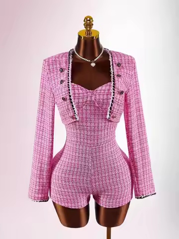 Pink Tweed Two Piece Set Long Sleeve Cropped Top And Fitted Jumpsuit Y2K Club Outfit
