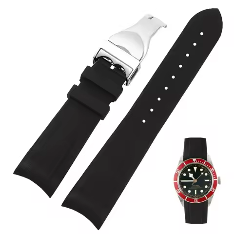 Natural Silicone Rubber Watch Strap For Tudor Biwan GMT Curved End Pin / Folding Buckle Black Blue R
